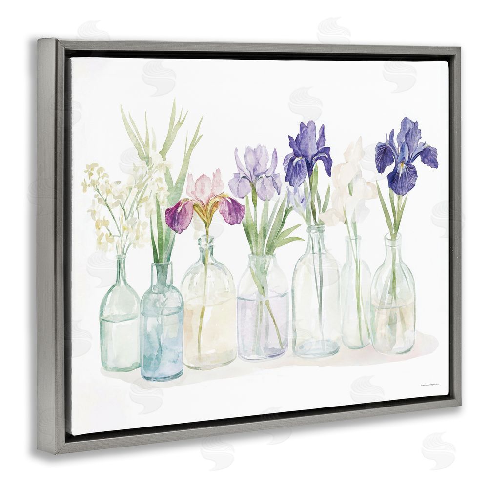 Svetlana Aleynikova Irises in Glass Bottles Gray Floating Frame Canvas Wall Art Print