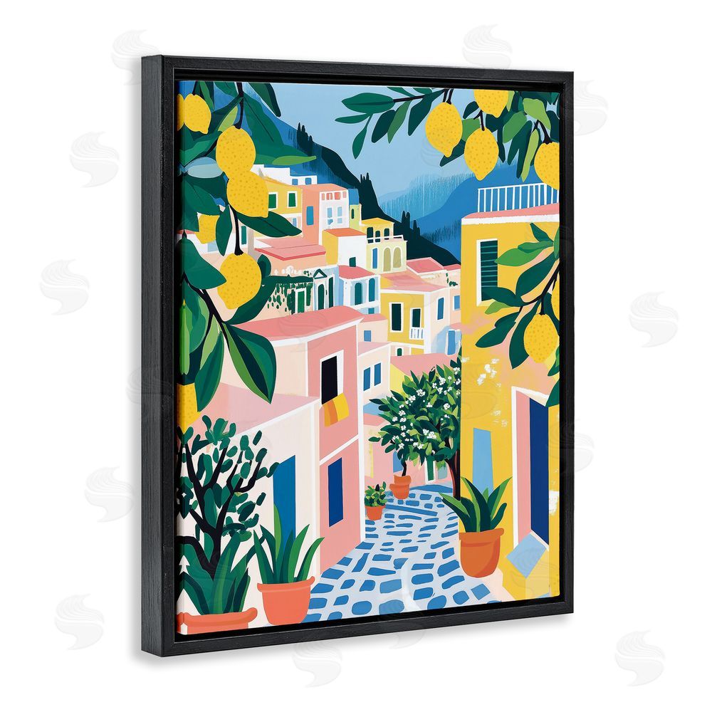 Heidi Kuntz Lemon Lined Mediterranean Village Black Floating Frame Canvas Wall Art Print