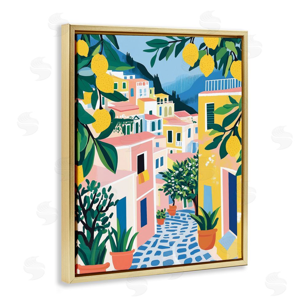 Heidi Kuntz Lemon Lined Mediterranean Village Gold Floating Frame Canvas Wall Art Print