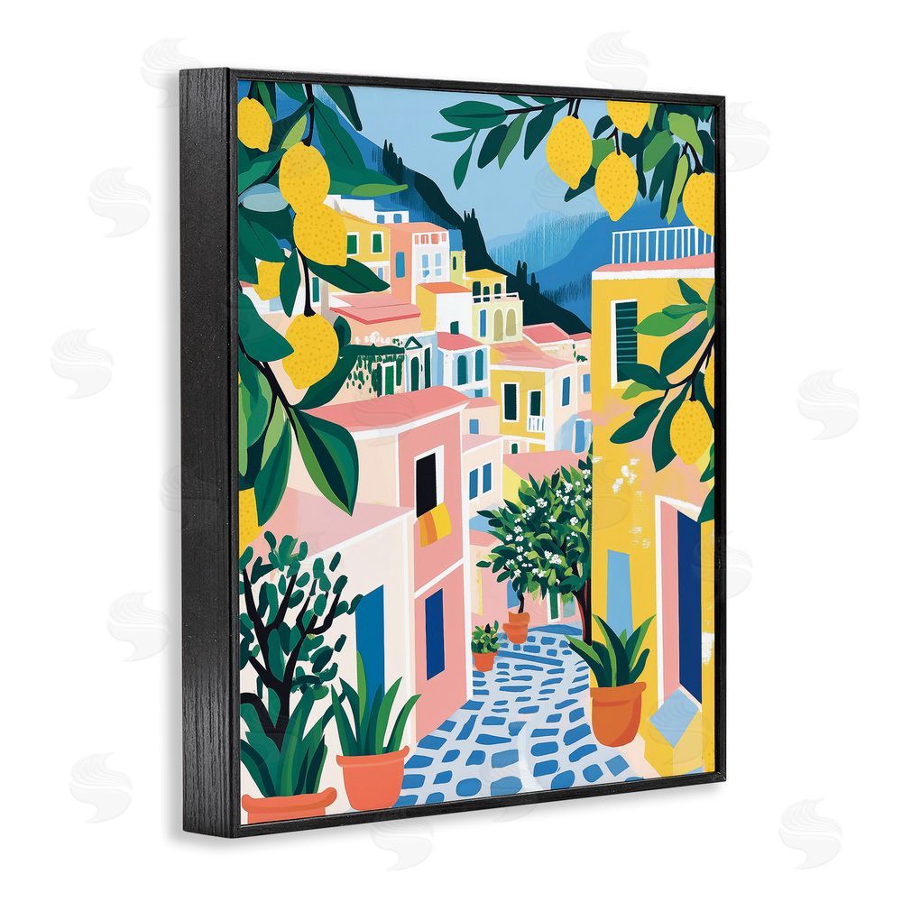 Heidi Kuntz Lemon Lined Mediterranean Village Black Framed Giclee Wall Art Print