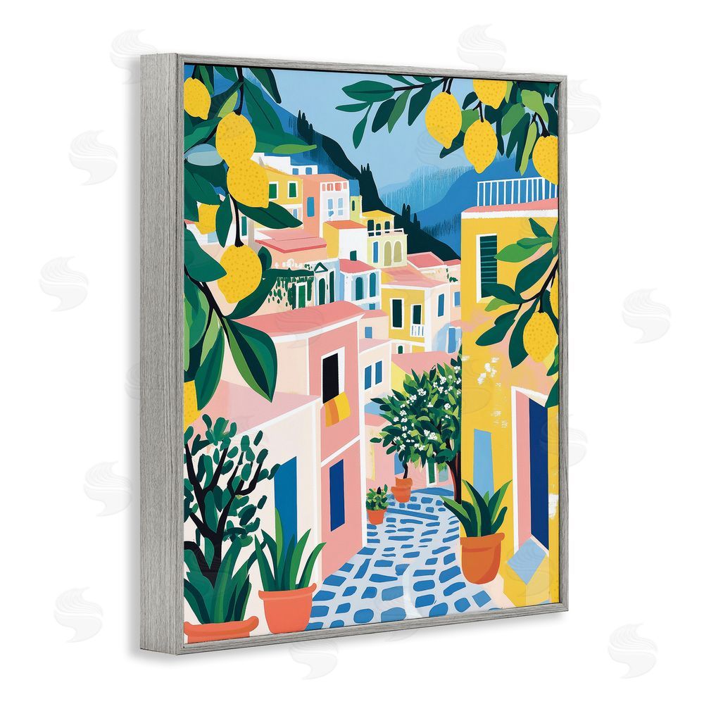 Heidi Kuntz Lemon Lined Mediterranean Village Gray Framed Giclee Wall Art Print