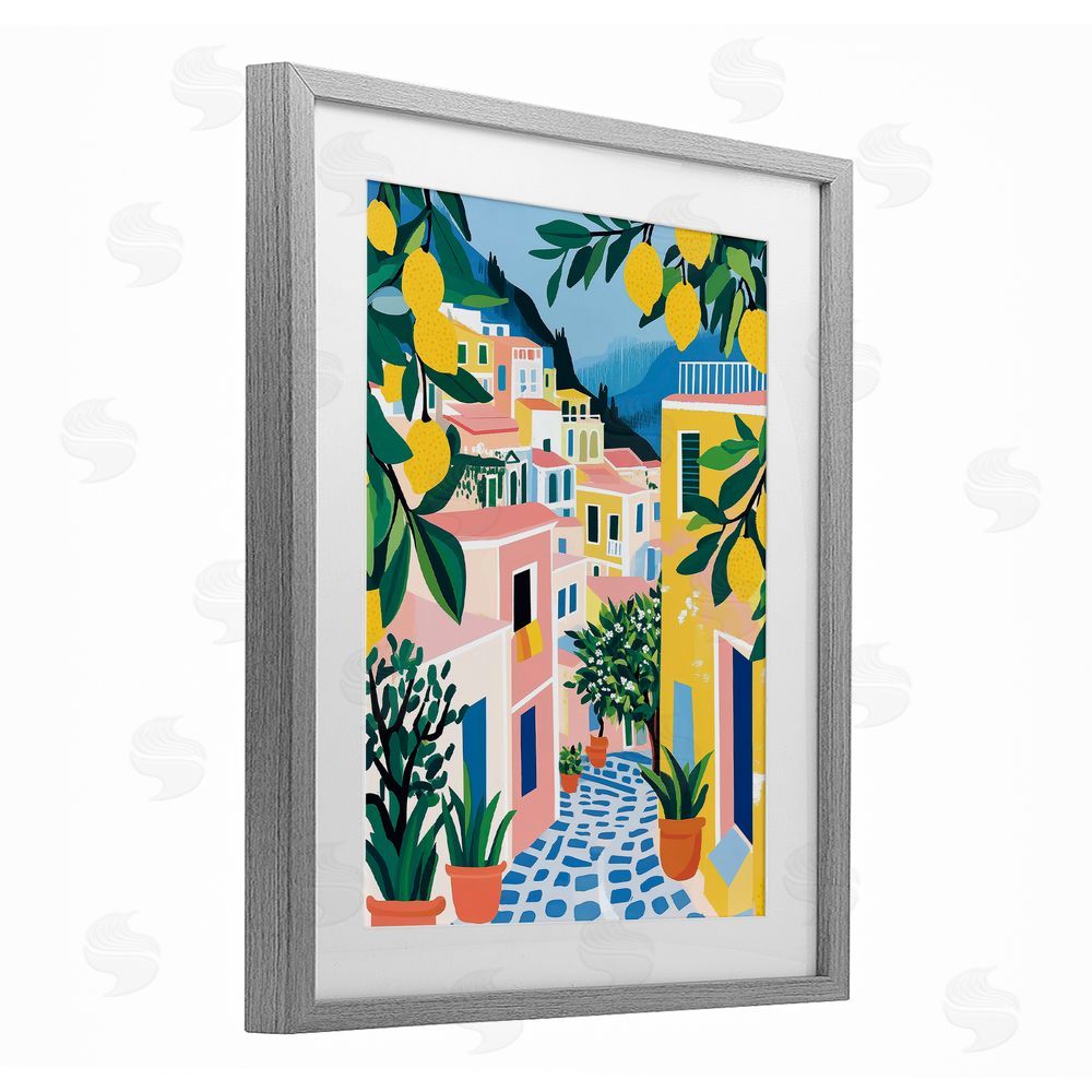Heidi Kuntz Lemon Lined Mediterranean Village Gray Framed Print Under Glass Wall Art