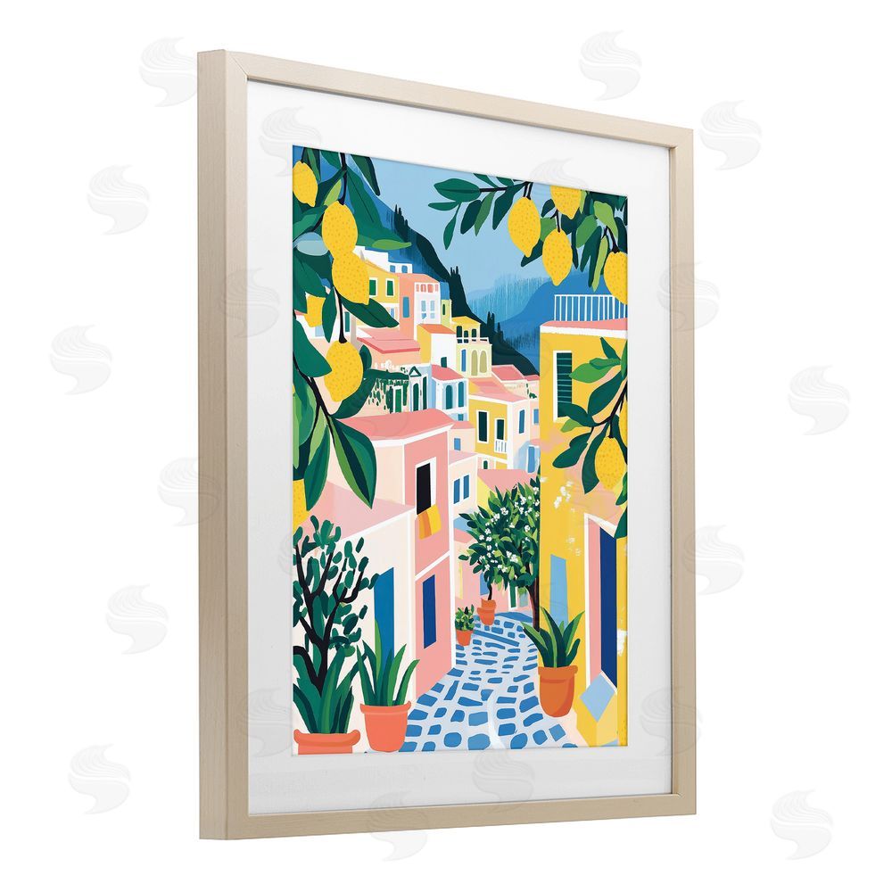 Heidi Kuntz Lemon Lined Mediterranean Village Brown Framed Print Under Glass Wall Art