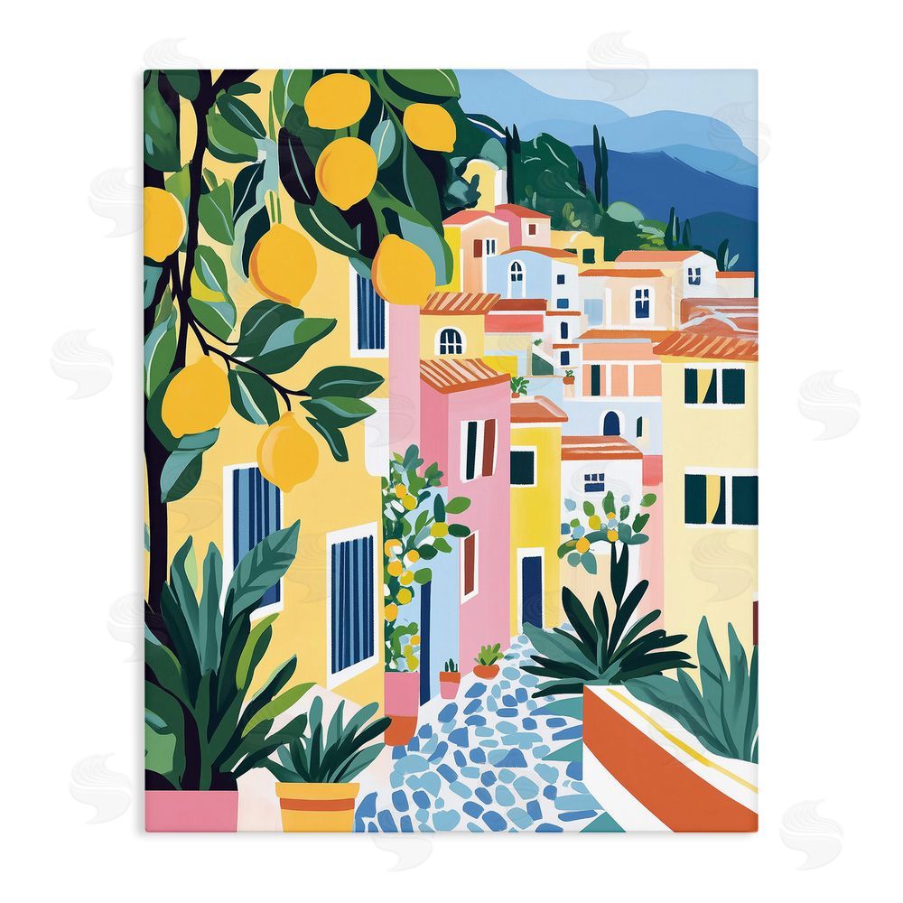 Heidi Kuntz Sunny Mediterranean Village with Lemons Stretched Canvas Wall Art Print