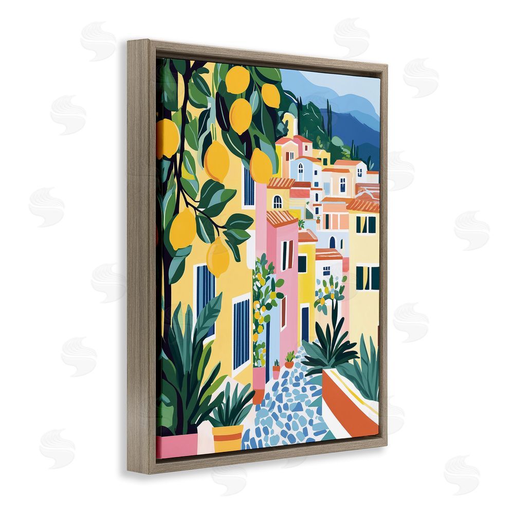 Heidi Kuntz Sunny Mediterranean Village with Lemons Brown Floating Frame Canvas Wall Art Print