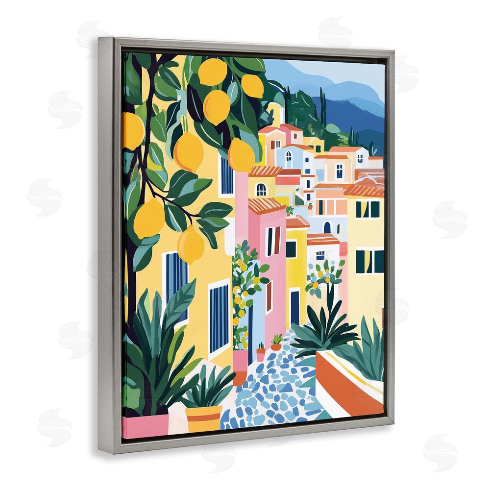 Heidi Kuntz Sunny Mediterranean Village with Lemons Gray Floating Frame Canvas Wall Art Print