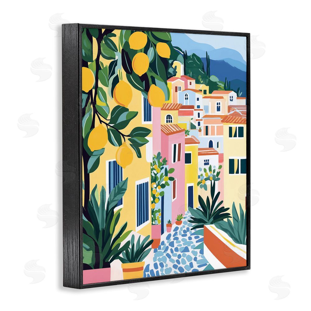 Heidi Kuntz Sunny Mediterranean Village with Lemons Black Framed Giclee Wall Art Print