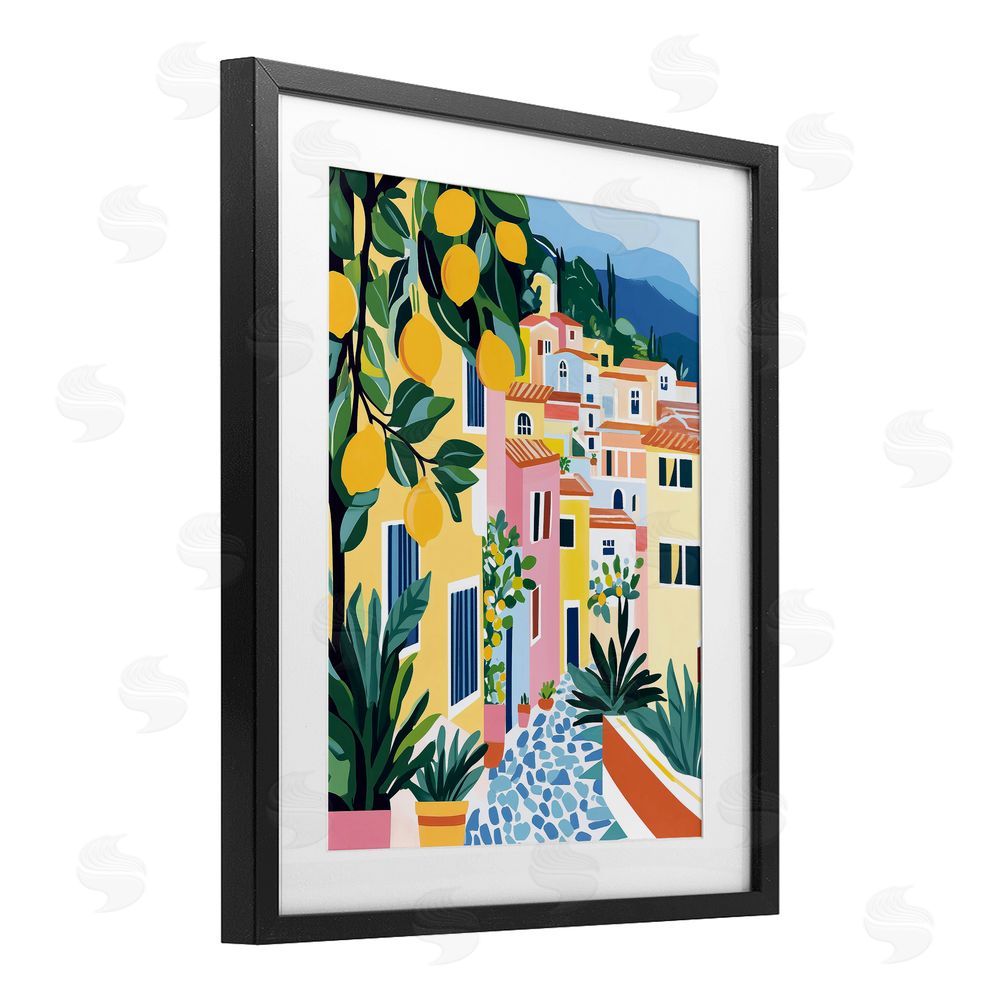 Heidi Kuntz Sunny Mediterranean Village with Lemons Black Framed Print Under Glass Wall Art