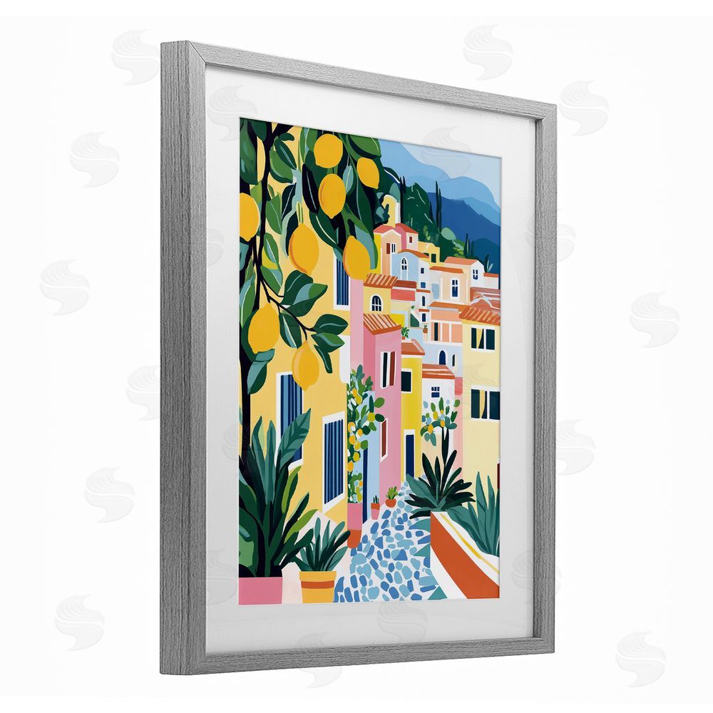 Heidi Kuntz Sunny Mediterranean Village with Lemons Gray Framed Print Under Glass Wall Art