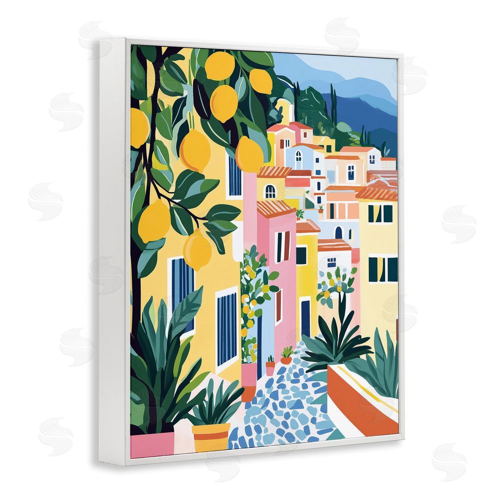 Heidi Kuntz Sunny Mediterranean Village with Lemons White Framed Giclee Wall Art Print