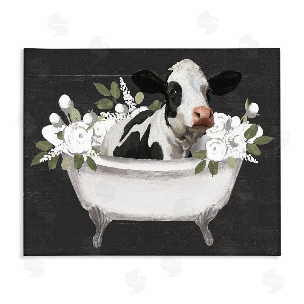 Masey St. Studios Floral Bath Time Cow Stretched Canvas Wall Art Print