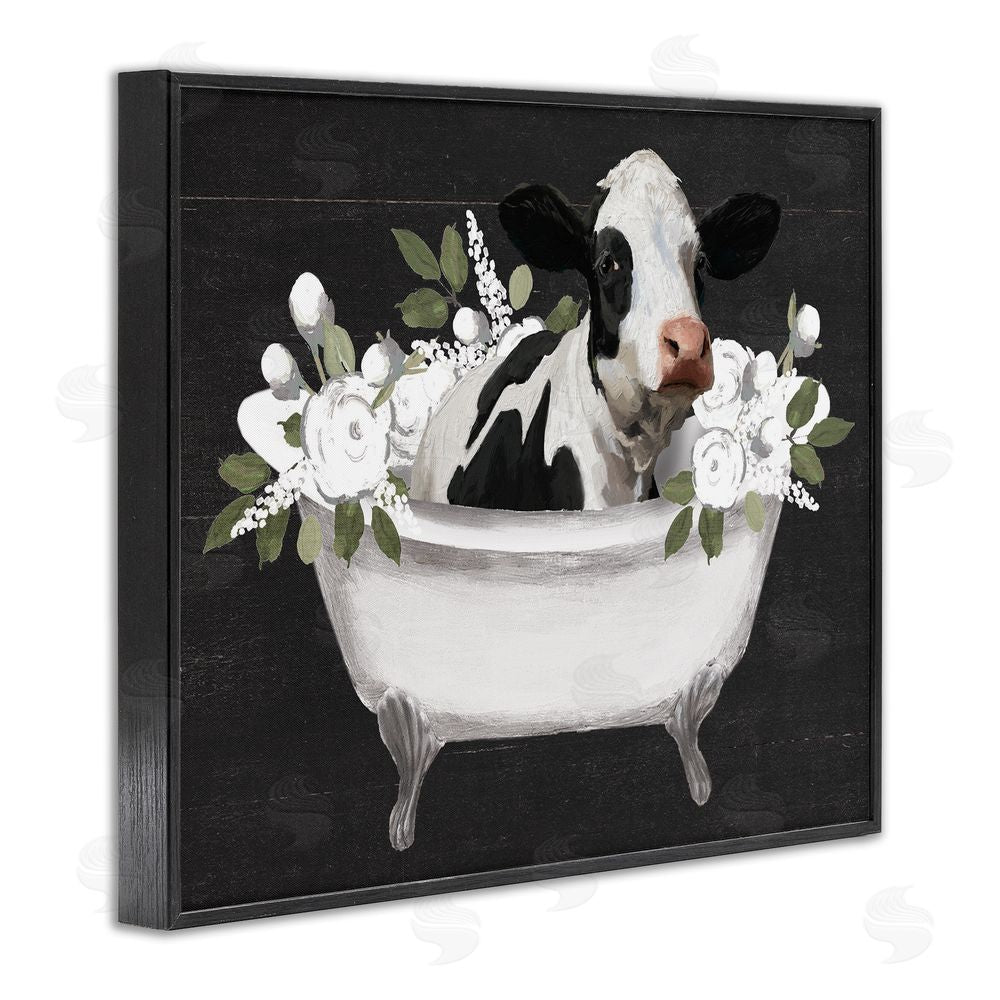 Masey St. Studios Floral Bath Time Cow Black Framed Giclee Wall Art Print