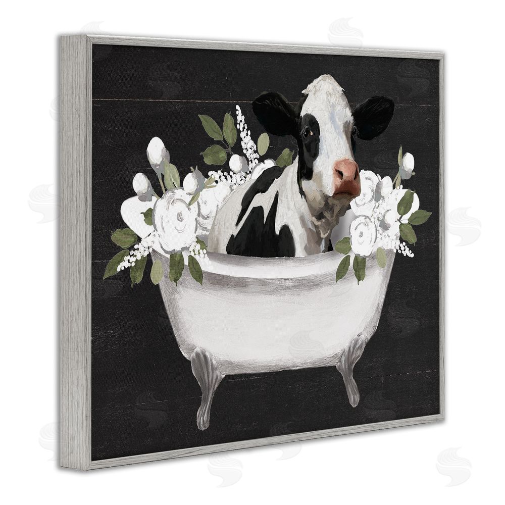 Masey St. Studios Floral Bath Time Cow Gray Framed Giclee Wall Art Print