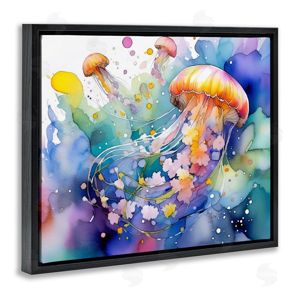 Shelly Craig Neon Jellyfish Underwater Black Floating Frame Canvas Wall Art Print