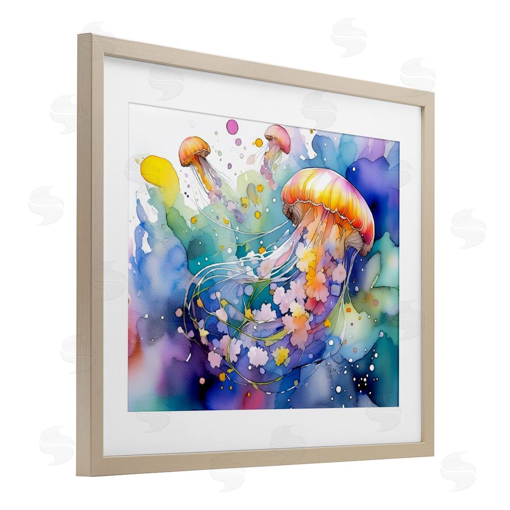 Shelly Craig Neon Jellyfish Underwater Brown Framed Print Under Glass Wall Art