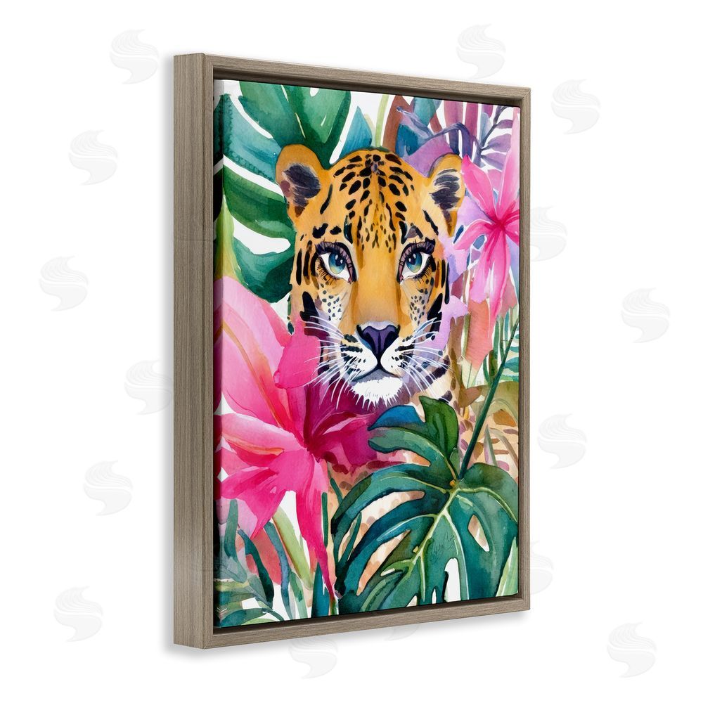 Shelly Craig Tropical Tiger Peeking Brown Floating Frame Canvas Wall Art Print