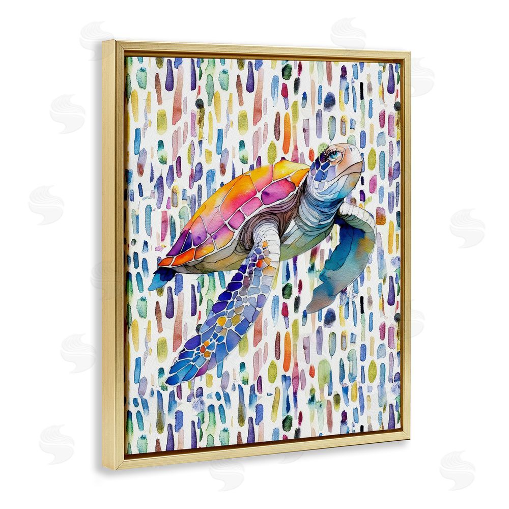 Shelly Craig Turtle on Colorful Dots Gold Floating Frame Canvas Wall Art Print