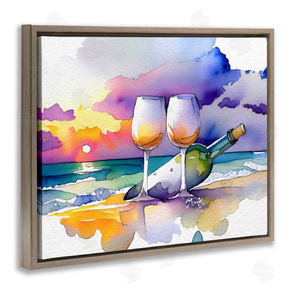 Shelly Craig Coastal Cheers with Wine Brown Floating Frame Canvas Wall Art Print