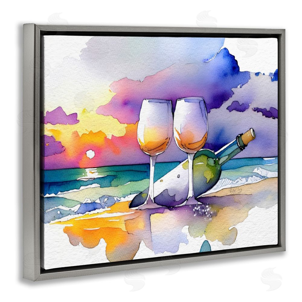Shelly Craig Coastal Cheers with Wine Gray Floating Frame Canvas Wall Art Print