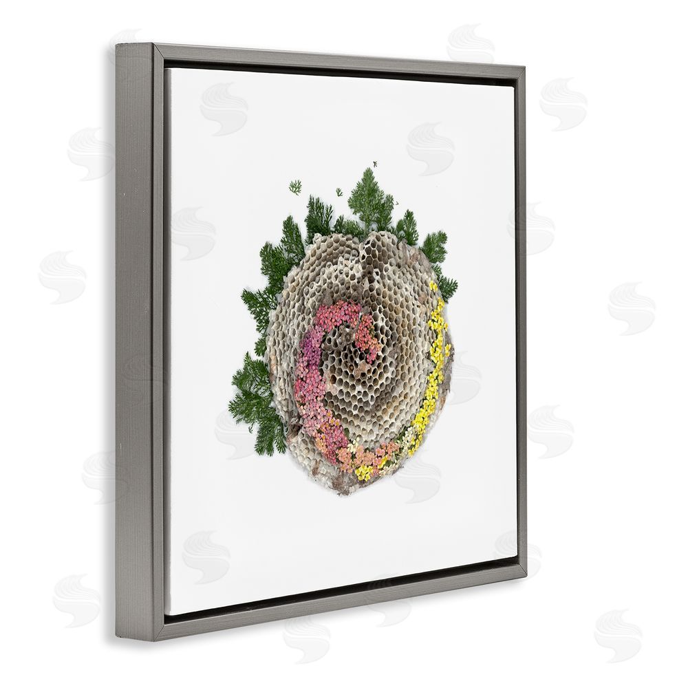 Beth Adoette Honeycomb with Botanicals Gray Floating Frame Canvas Wall Art Print