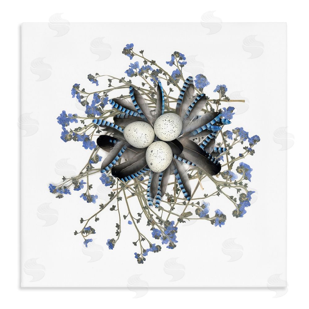 Beth Adoette Feathered Nest & Blue Florals Stretched Canvas Wall Art Print