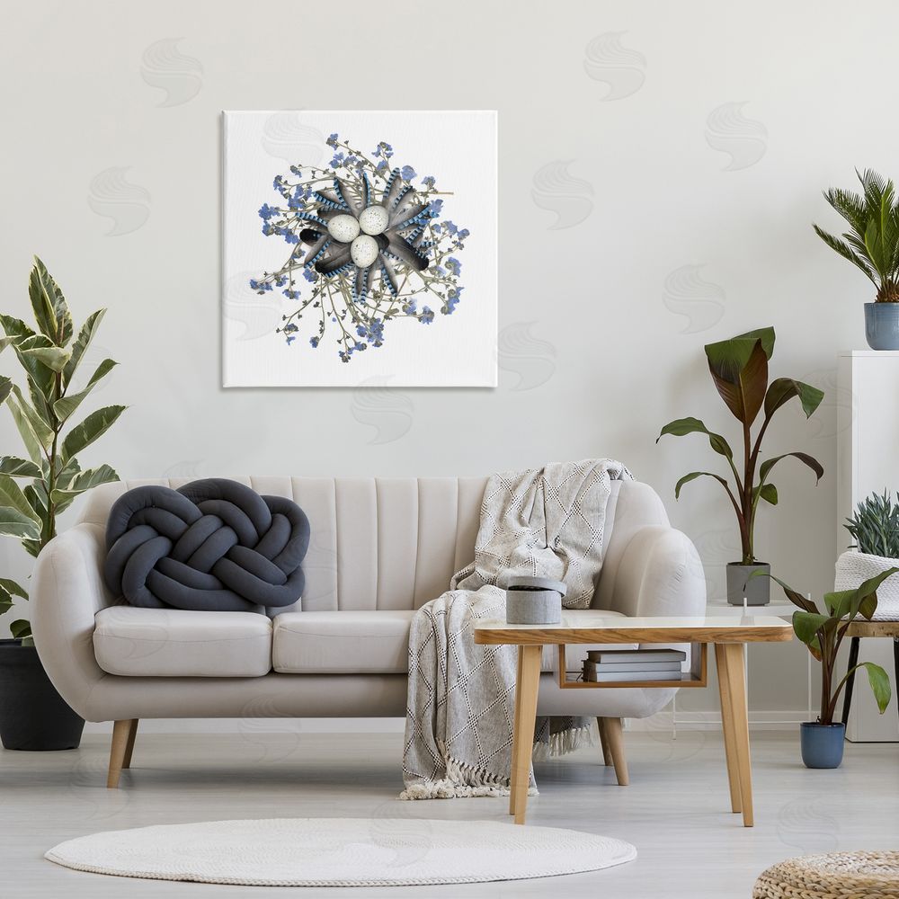 Beth Adoette Feathered Nest & Blue Florals Stretched Canvas Wall Art in Room