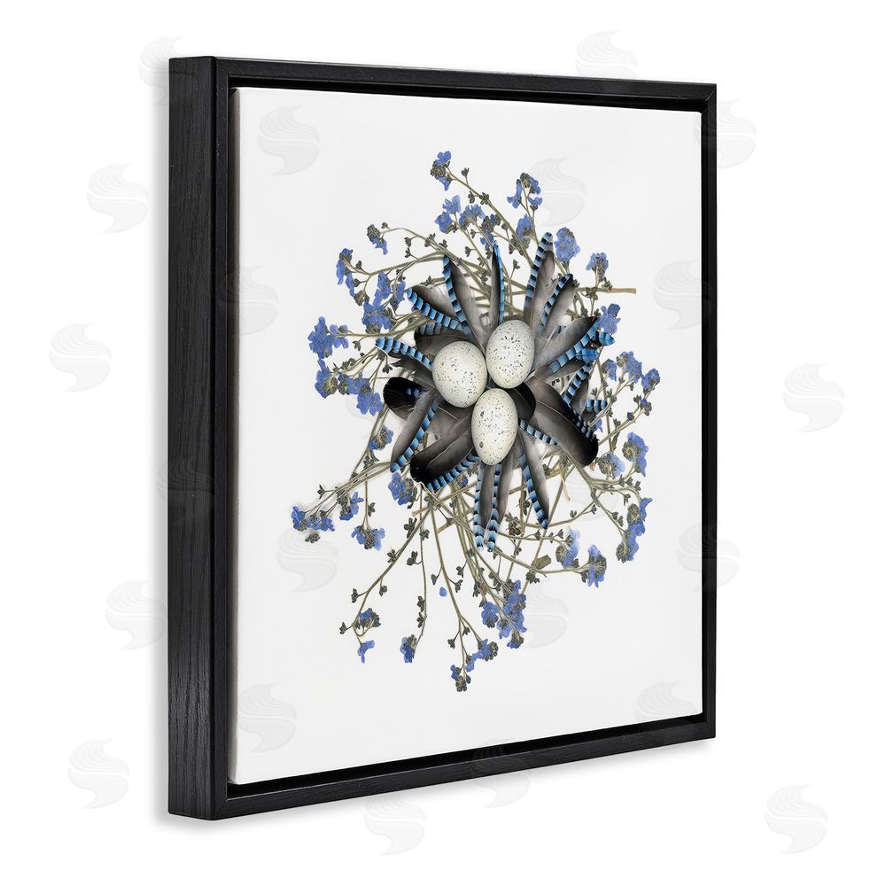 Beth Adoette Feathered Nest & Blue Florals Black Floating Frame Canvas Wall Art Print