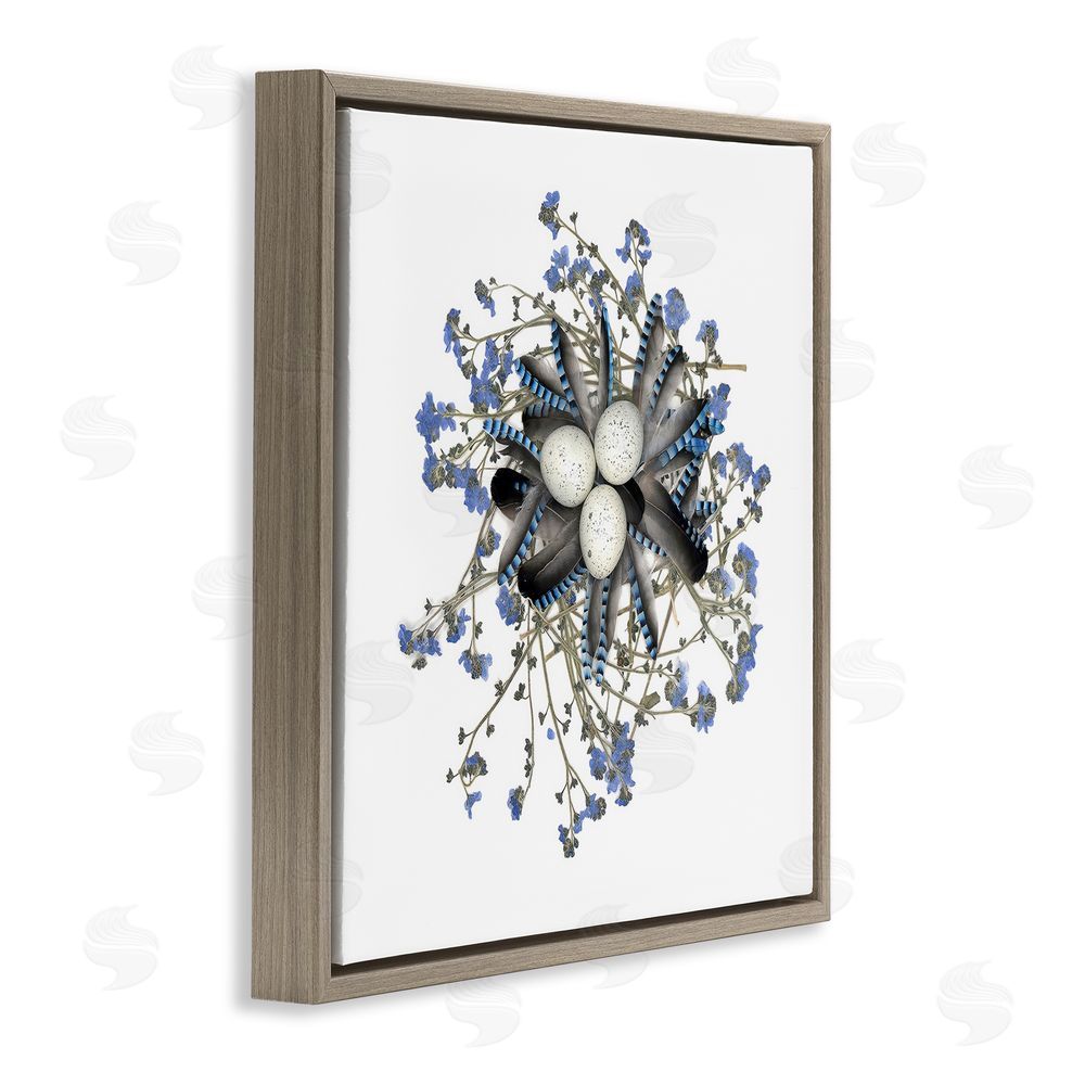 Beth Adoette Feathered Nest & Blue Florals Brown Floating Frame Canvas Wall Art Print