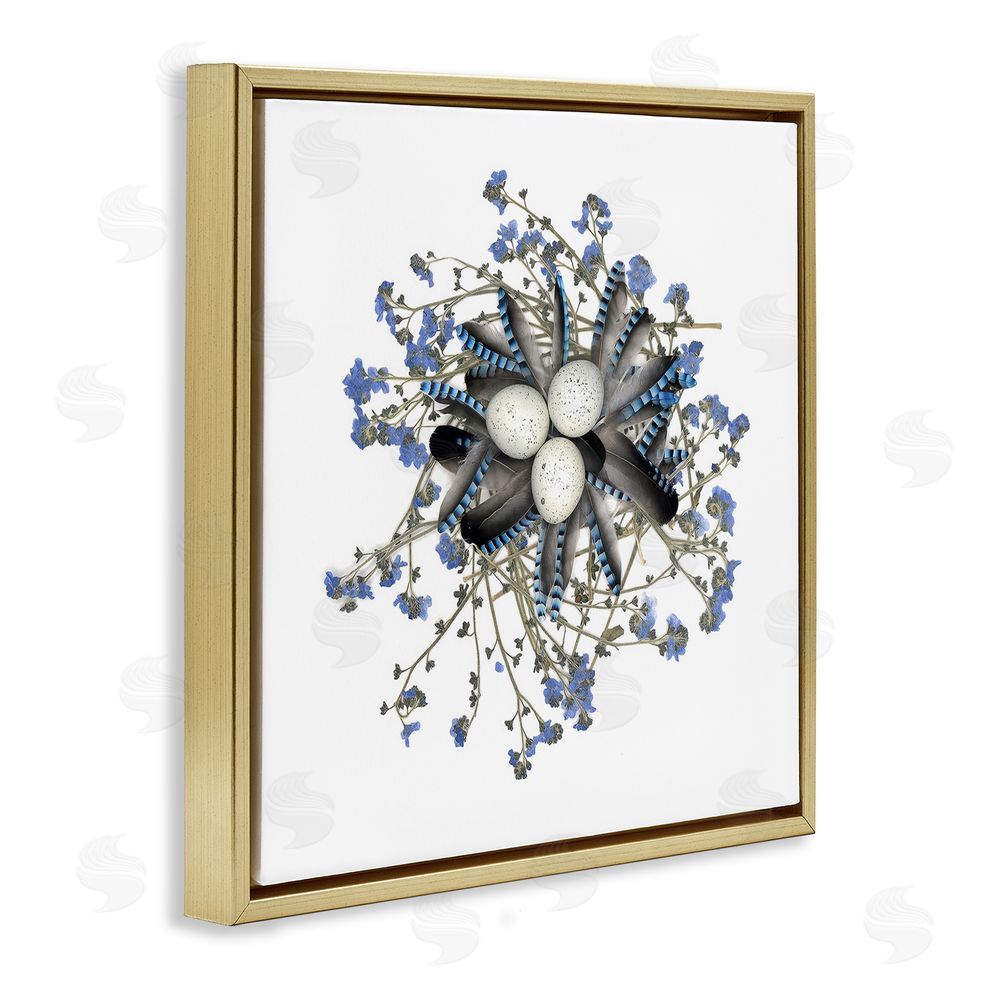 Beth Adoette Feathered Nest & Blue Florals Gold Floating Frame Canvas Wall Art Print