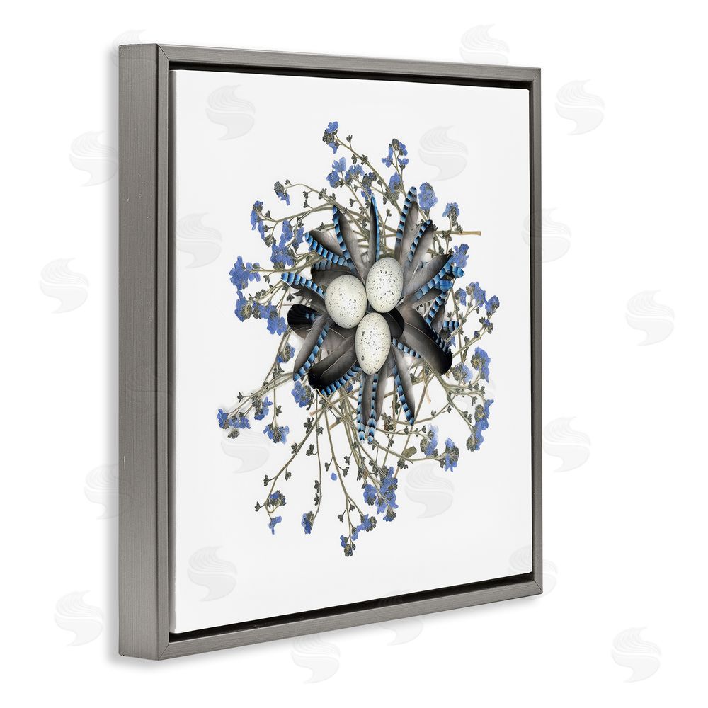Beth Adoette Feathered Nest & Blue Florals Gray Floating Frame Canvas Wall Art Print