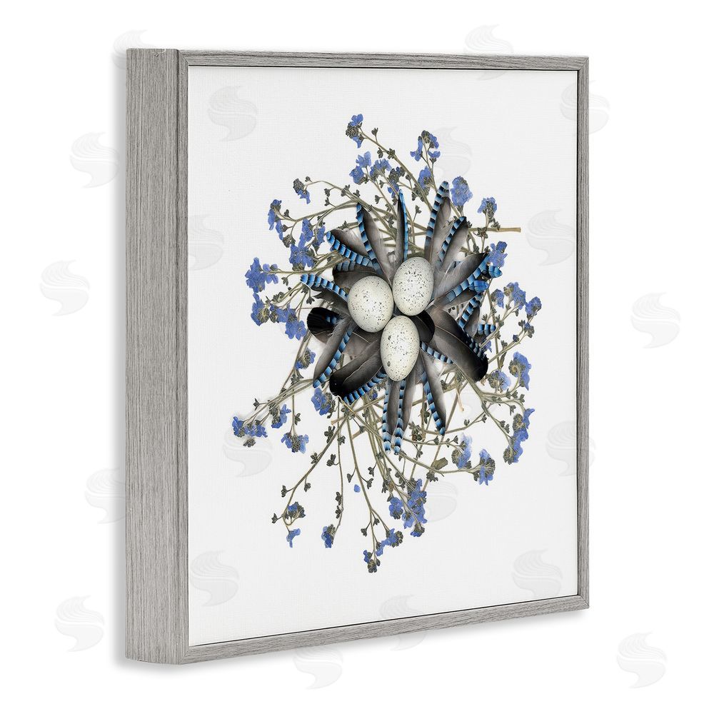 Beth Adoette Feathered Nest & Blue Florals Gray Framed Giclee Wall Art Print
