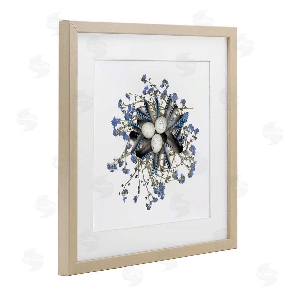 Beth Adoette Feathered Nest & Blue Florals Brown Framed Print Under Glass Wall Art