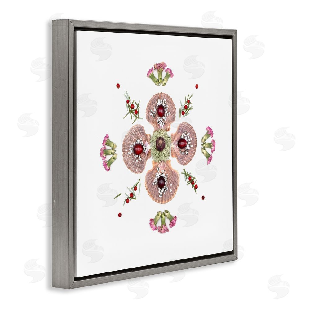 Beth Adoette Clam Shells & Botanicals Pattern Gray Floating Frame Canvas Wall Art Print