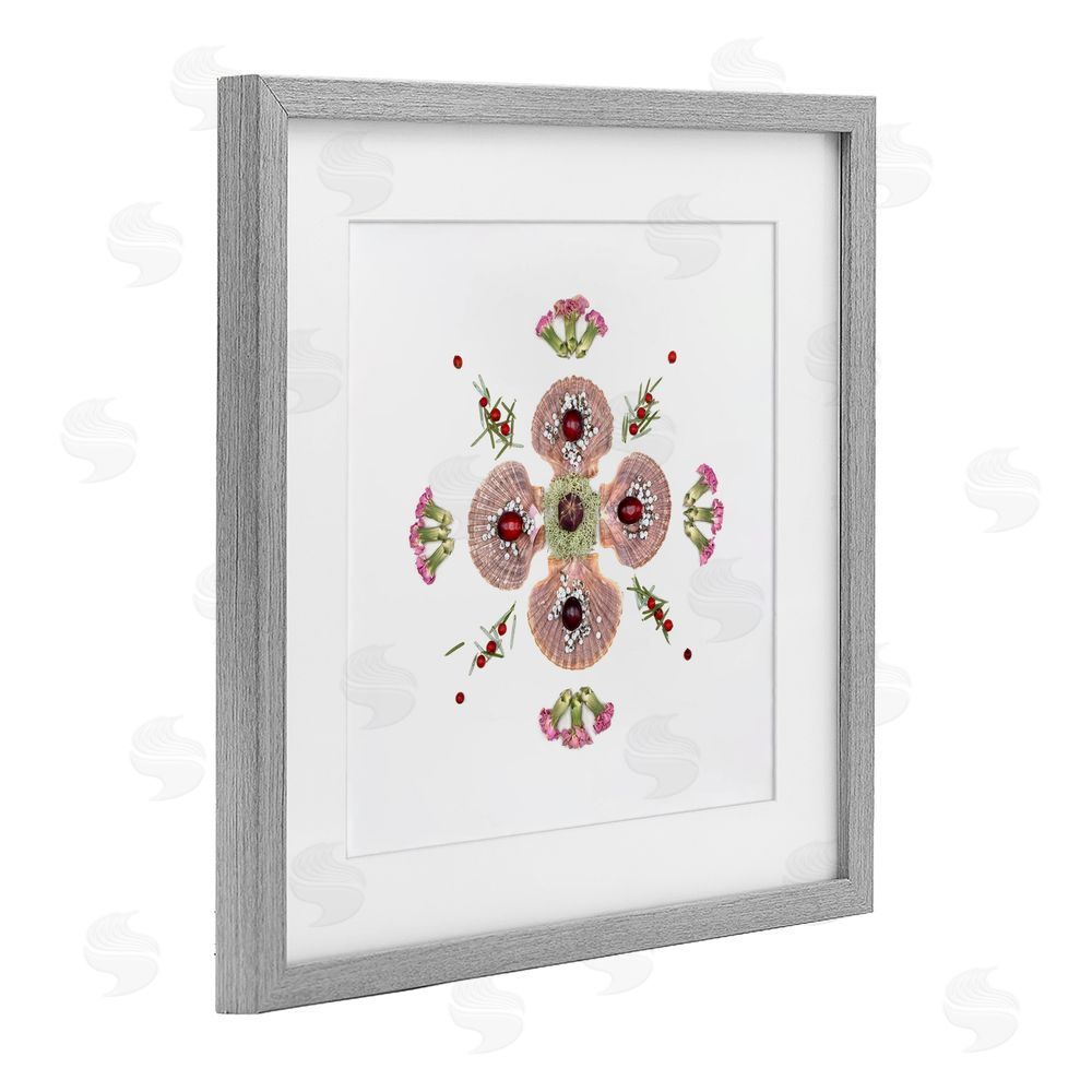 Beth Adoette Clam Shells & Botanicals Pattern Gray Framed Print Under Glass Wall Art