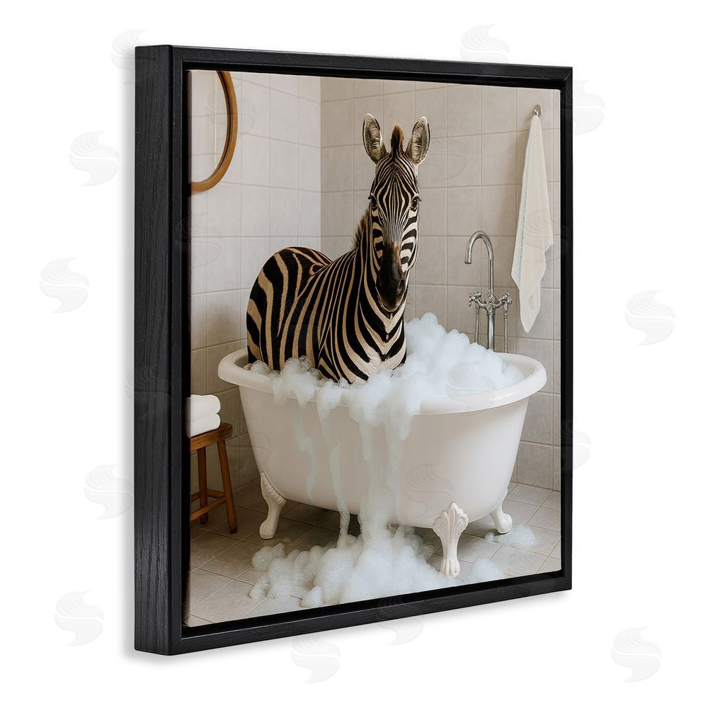 Kathy Mansfield Zebra in Bubble Bath Black Floating Frame Canvas Wall Art Print
