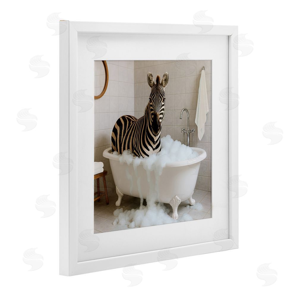 Kathy Mansfield Zebra in Bubble Bath White Framed Print Under Glass Wall Art