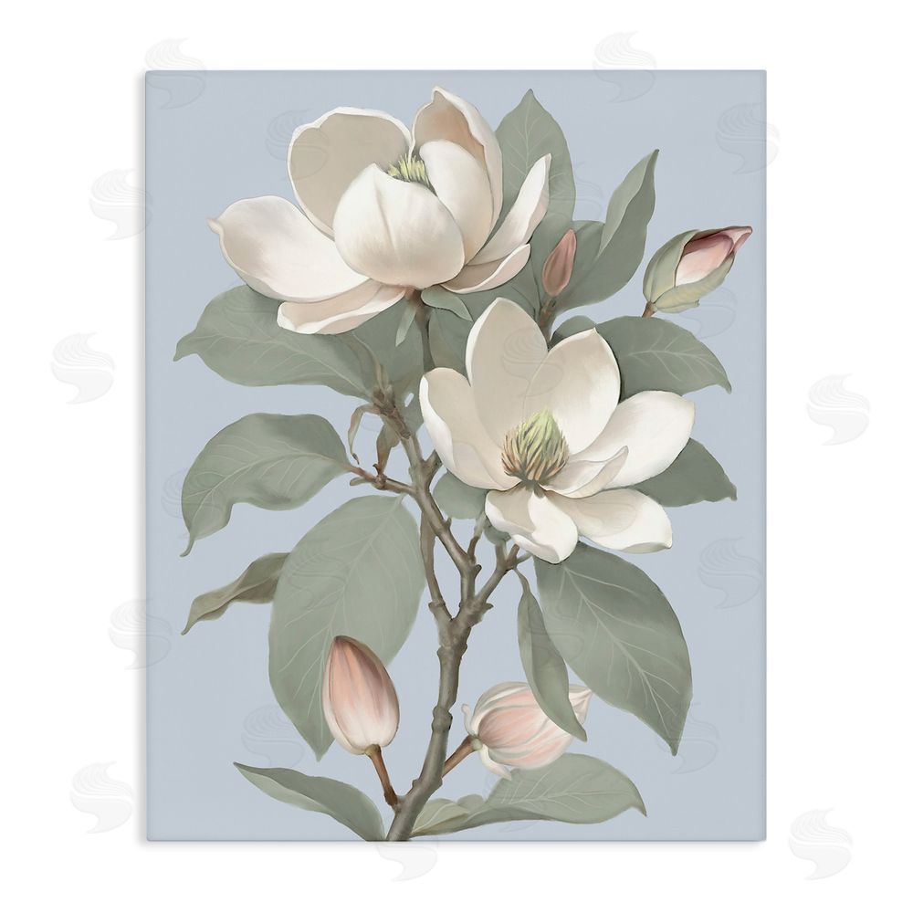 Elizabeth Medley Magnolia Pair on Soft Blue Stretched Canvas Wall Art Print