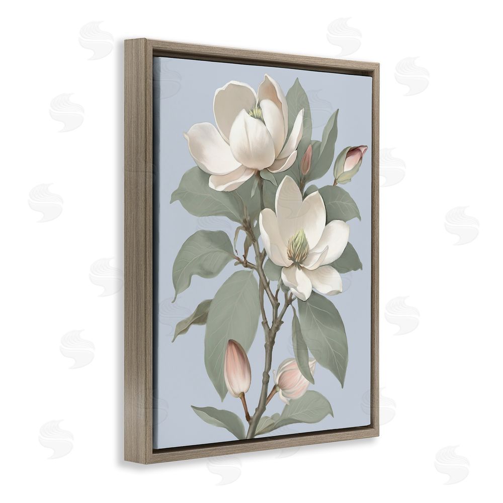 Elizabeth Medley Magnolia Pair on Soft Blue Brown Floating Frame Canvas Wall Art Print
