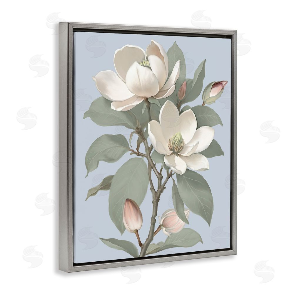 Elizabeth Medley Magnolia Pair on Soft Blue Gray Floating Frame Canvas Wall Art Print