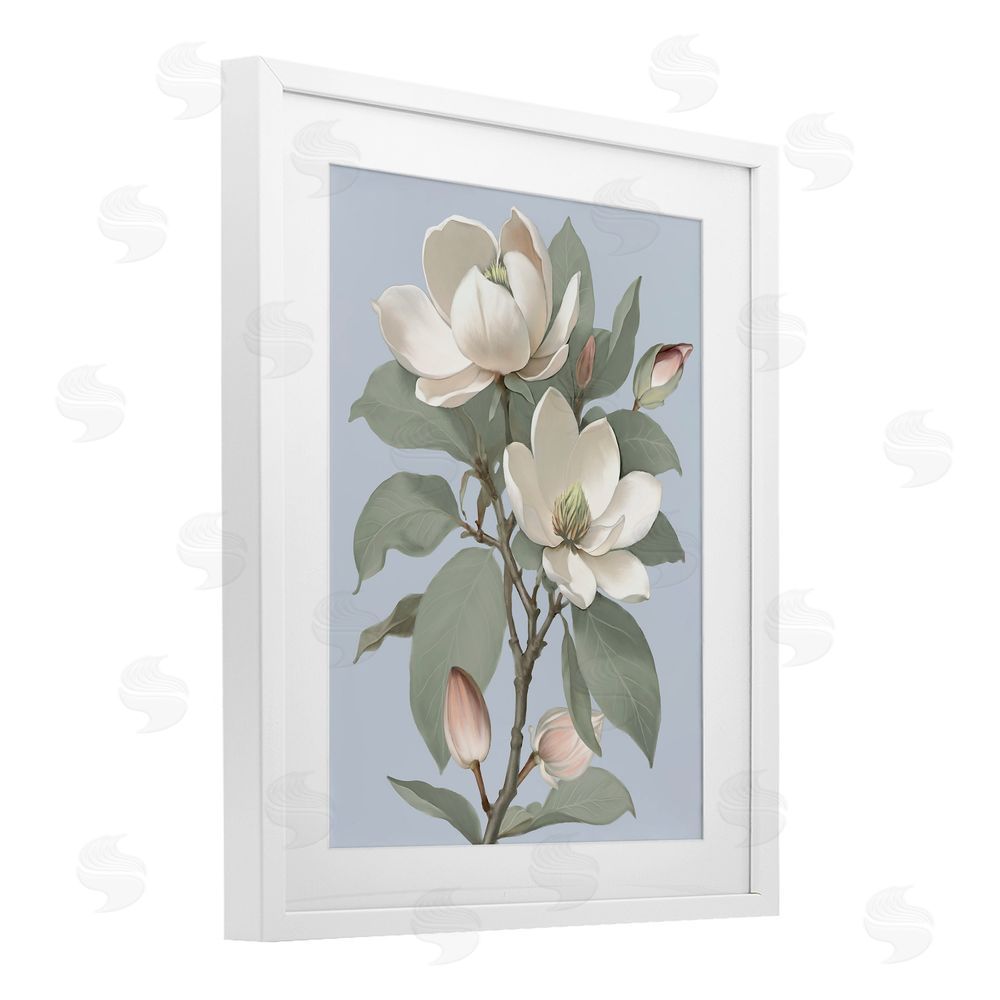 Elizabeth Medley Magnolia Pair on Soft Blue White Framed Print Under Glass Wall Art