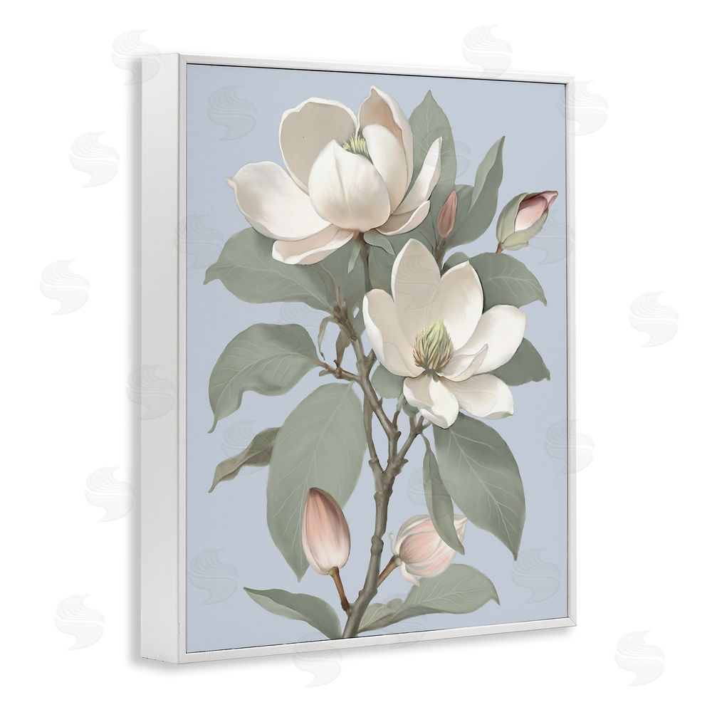 Elizabeth Medley Magnolia Pair on Soft Blue White Framed Giclee Wall Art Print
