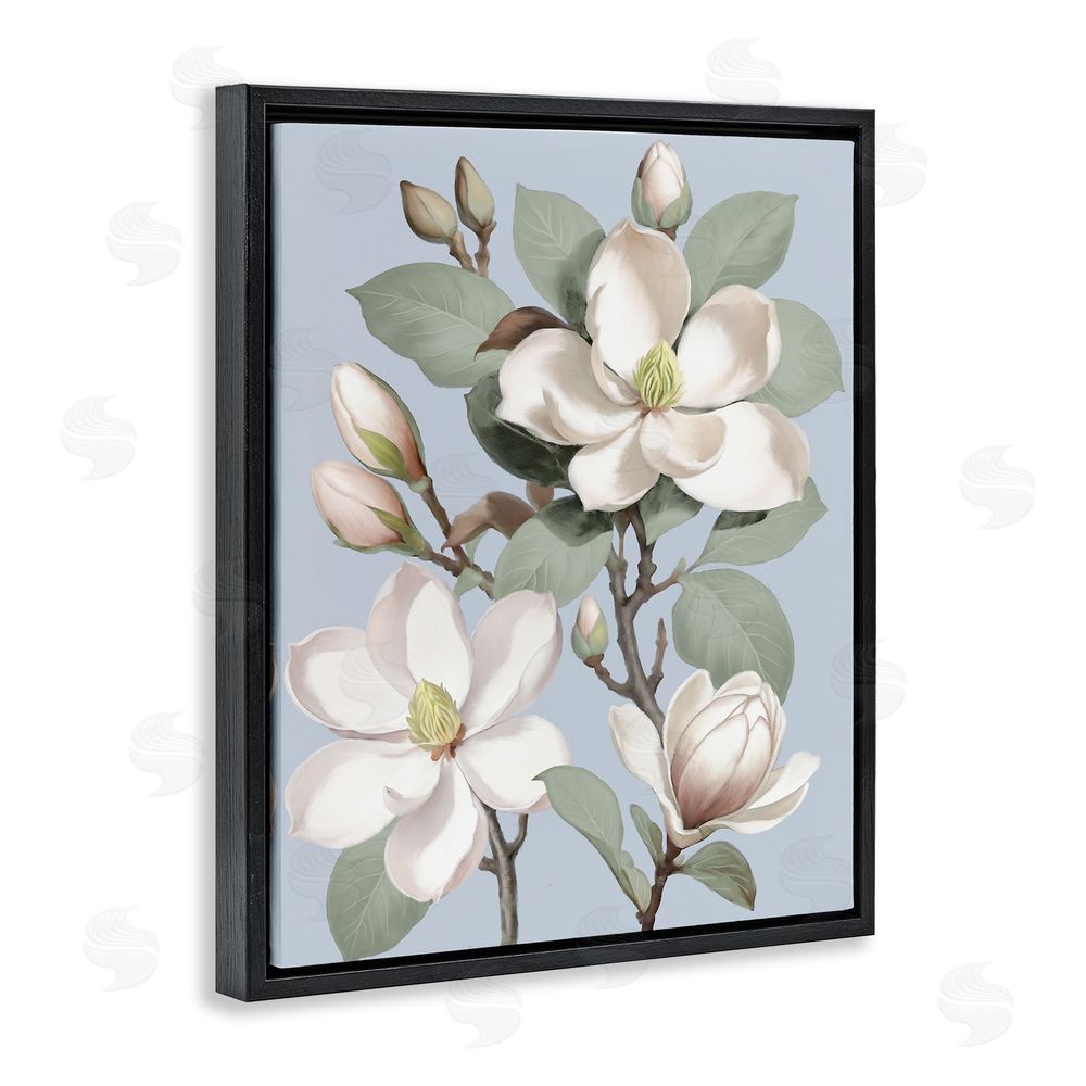 Elizabeth Medley Magnolias on Soft Blue Black Floating Frame Canvas Wall Art Print