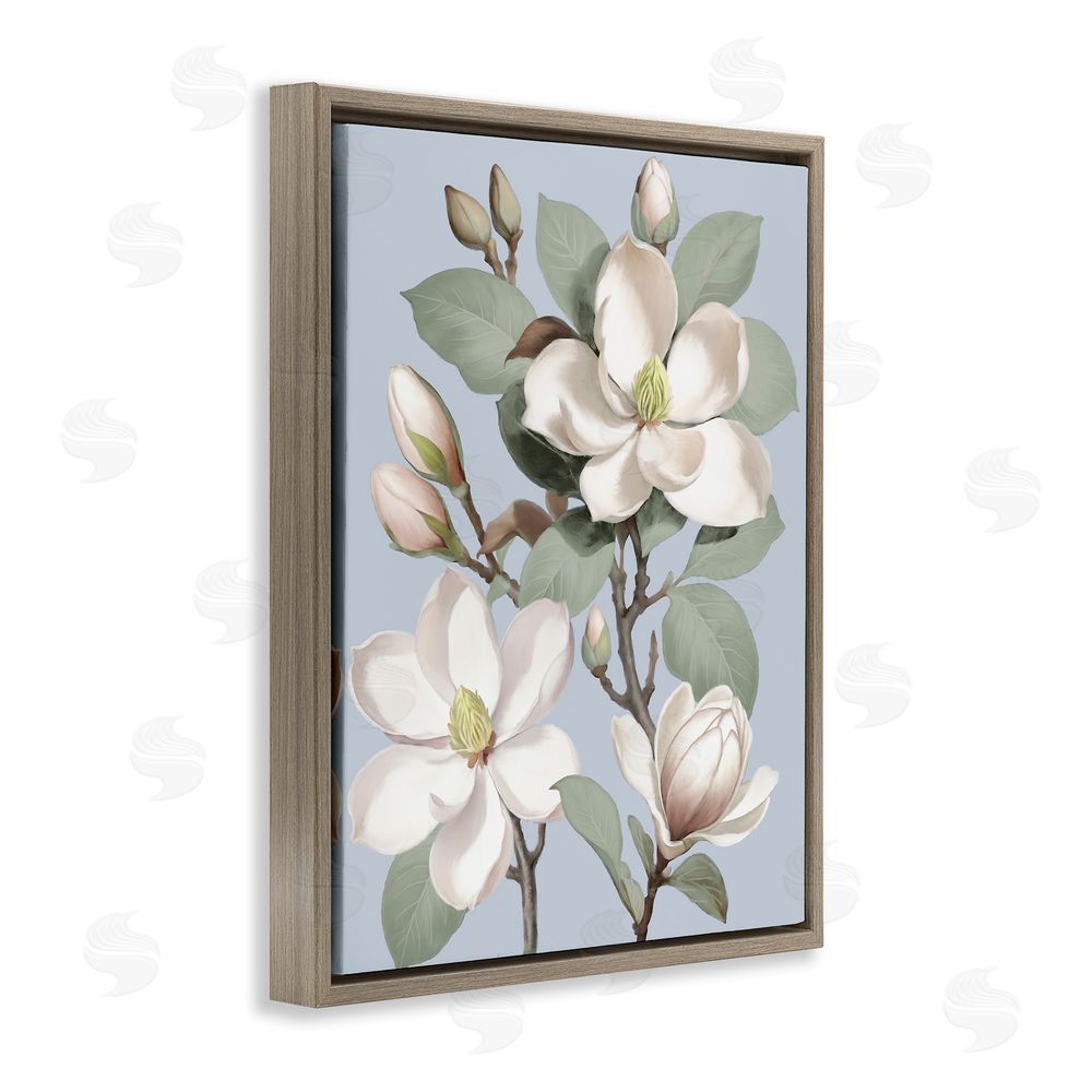 Elizabeth Medley Magnolias on Soft Blue Brown Floating Frame Canvas Wall Art Print