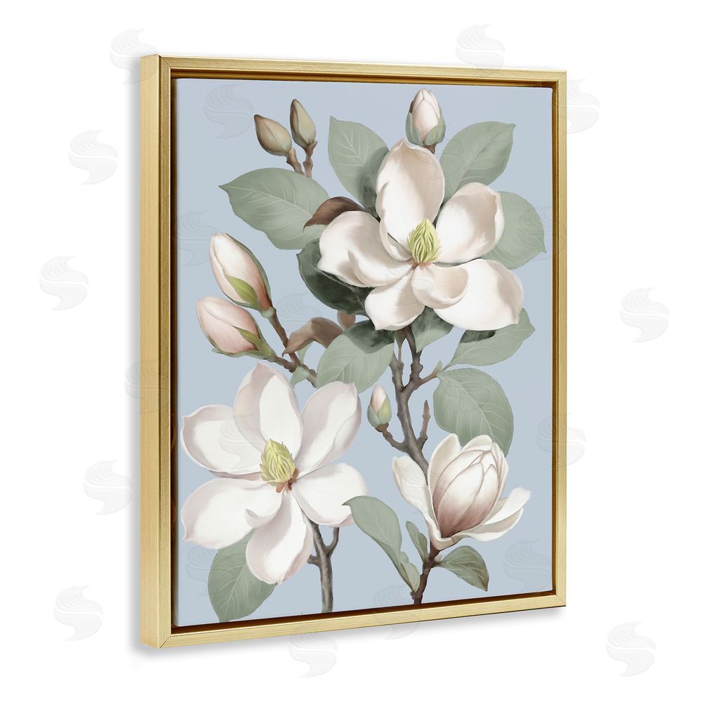 Elizabeth Medley Magnolias on Soft Blue Gold Floating Frame Canvas Wall Art Print