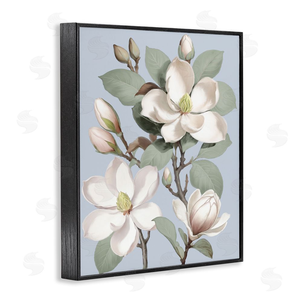 Elizabeth Medley Magnolias on Soft Blue Black Framed Giclee Wall Art Print