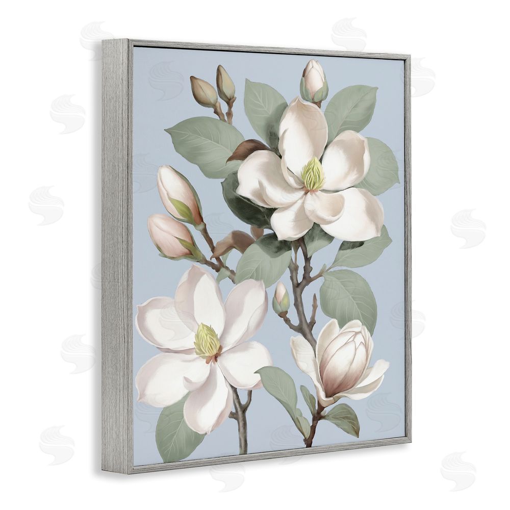 Elizabeth Medley Magnolias on Soft Blue Gray Framed Giclee Wall Art Print