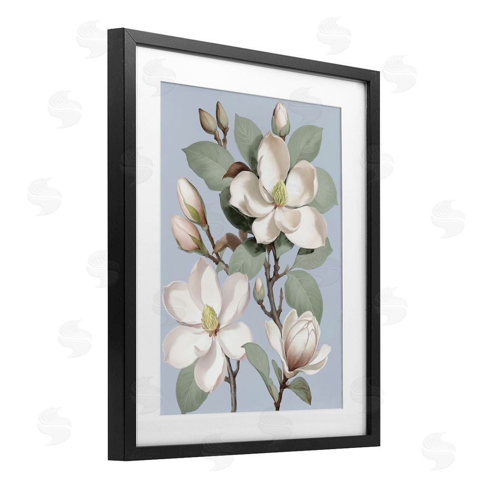 Elizabeth Medley Magnolias on Soft Blue Black Framed Print Under Glass Wall Art