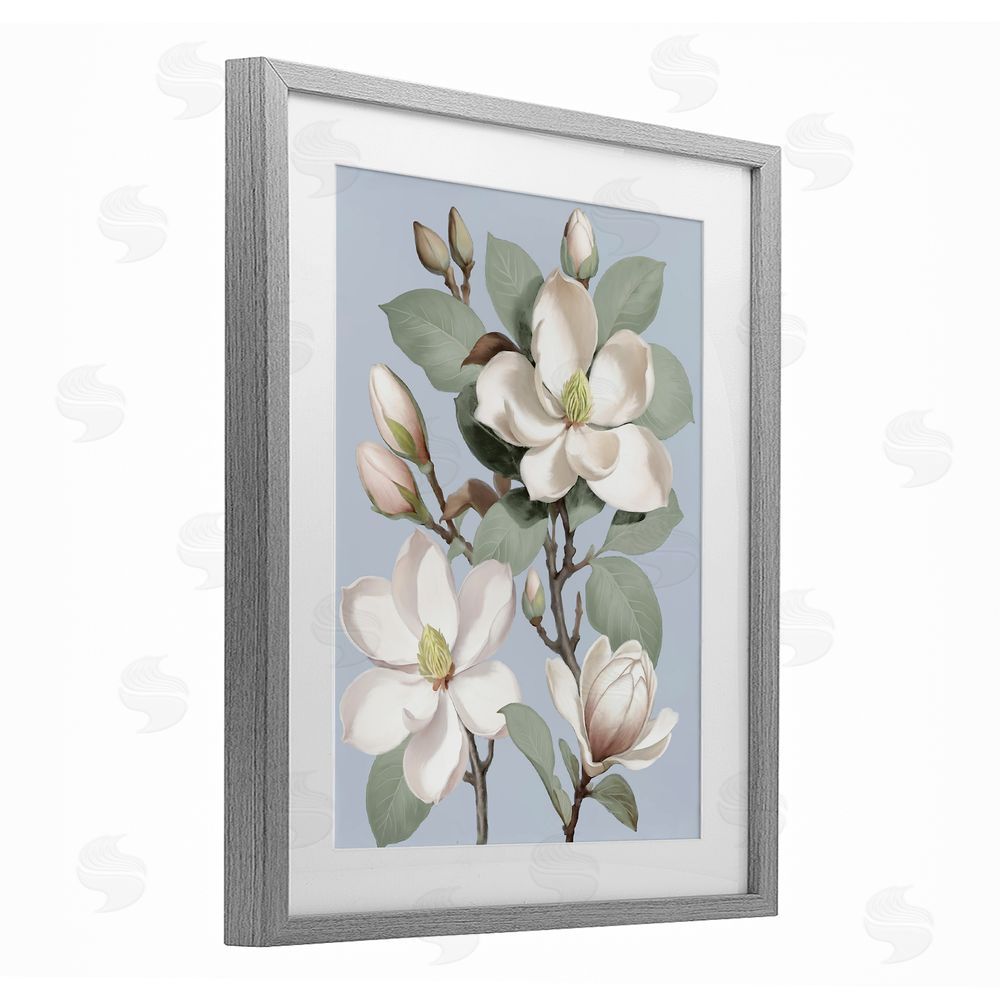 Elizabeth Medley Magnolias on Soft Blue Gray Framed Print Under Glass Wall Art