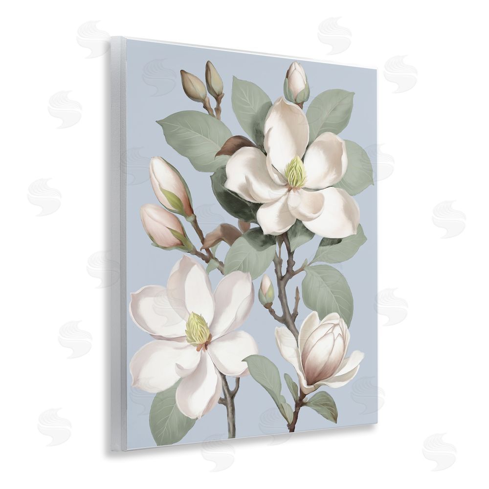 Elizabeth Medley Magnolias on Soft Blue Wooden Wall Plaque Art Print