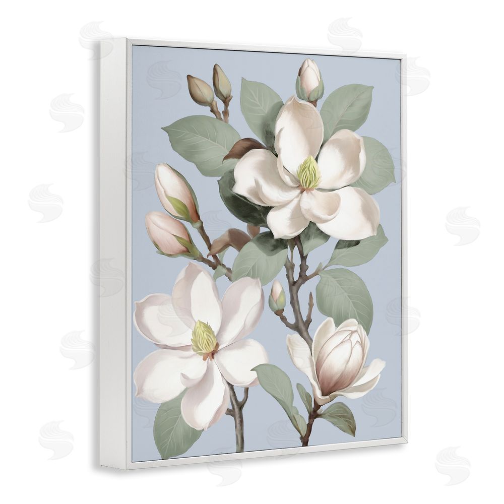 Elizabeth Medley Magnolias on Soft Blue White Framed Giclee Wall Art Print